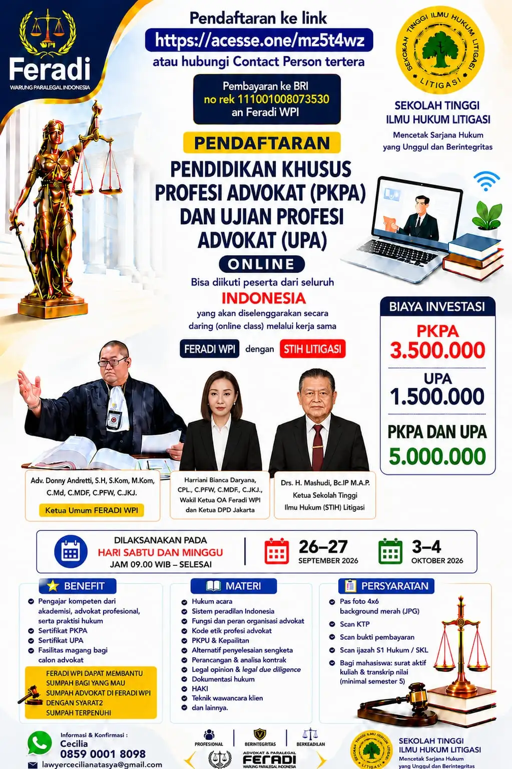 Pendaftaran Pendidikan Khusus Profesi Advokat (PKPA) dan Ujian Profesi Advokat (UPA) Online Bisa diikuti Peserta dari Seluruh INDONESIA