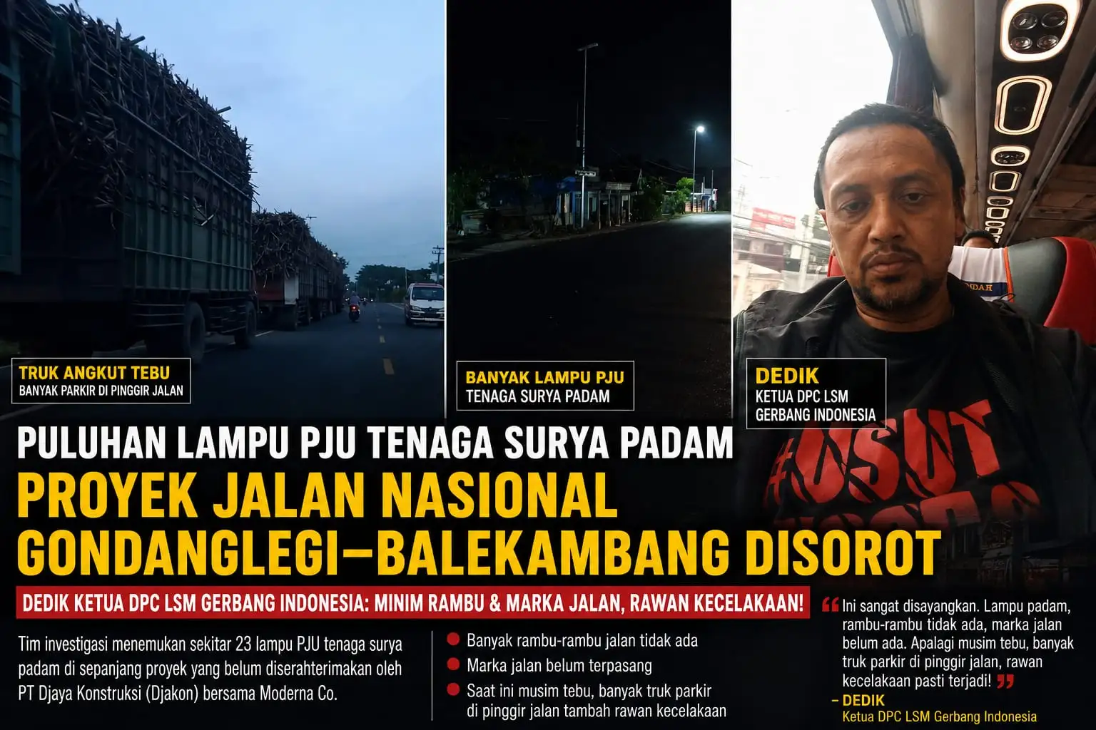 Puluhan Lampu PJU Tenaga Surya di Proyek Jalan Nasional Gondanglegi–Balekambang Padam, LSM Soroti Keselamatan Pengguna Jalan  